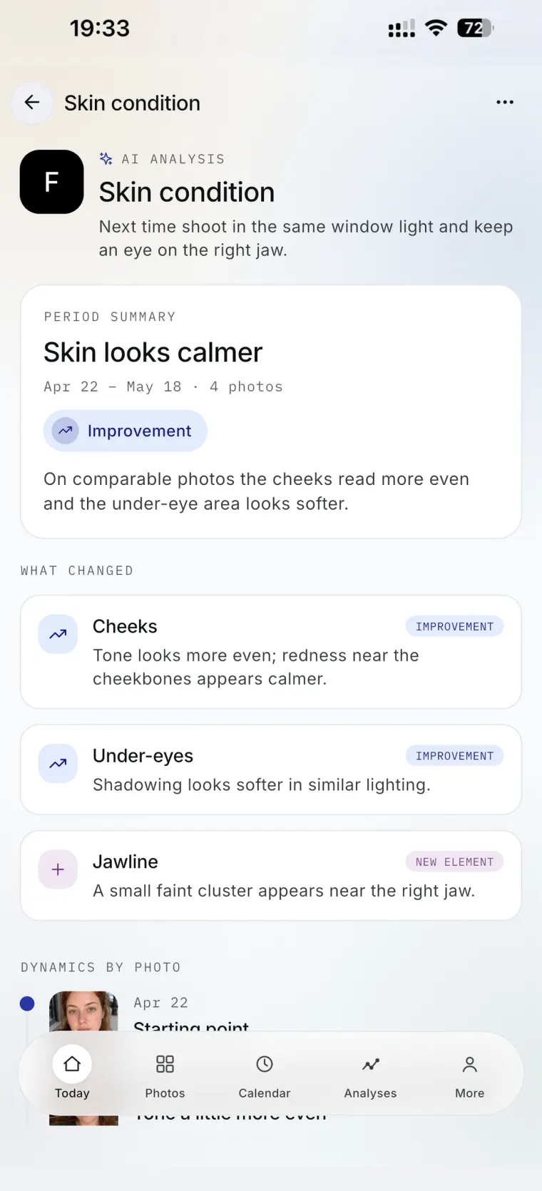 An AI reading describing what changed, zone by zone